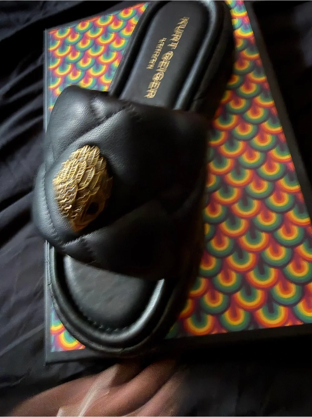 Kurt Geiger Black Quilted Slide with Gold Emblem